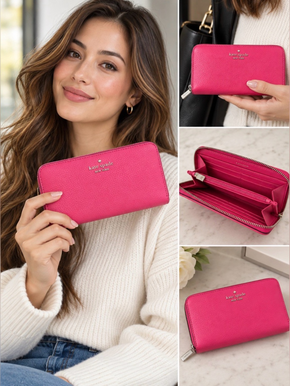 209. kate spade Bright Fuchsia Zip-Around Pebbled Leather Wallet